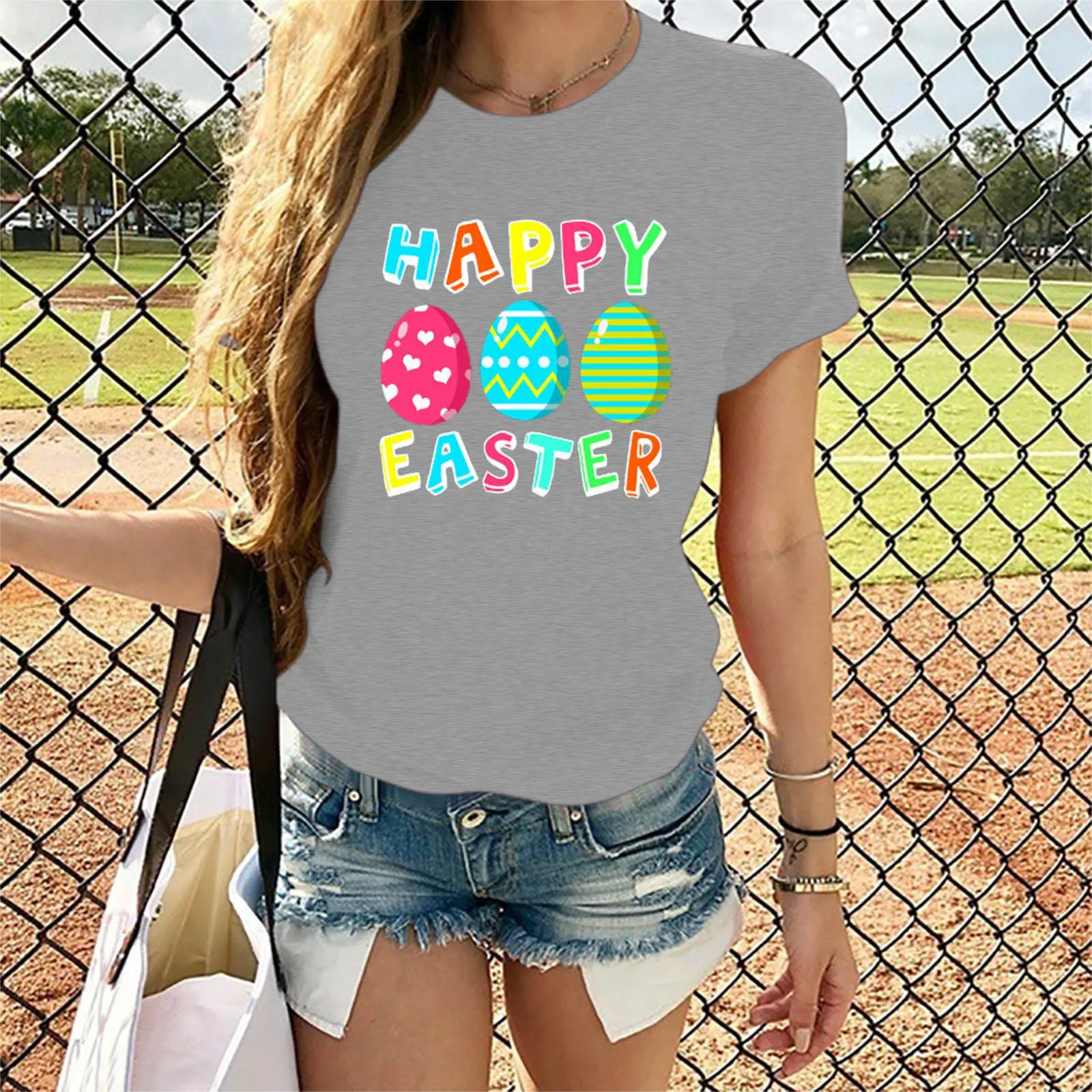Plus Size Short Sleeves Women Easter Tee T-Shirts Eggs Print Y2k Tees Basic Tops Adult Spring Clothing Sunday Holiday Art