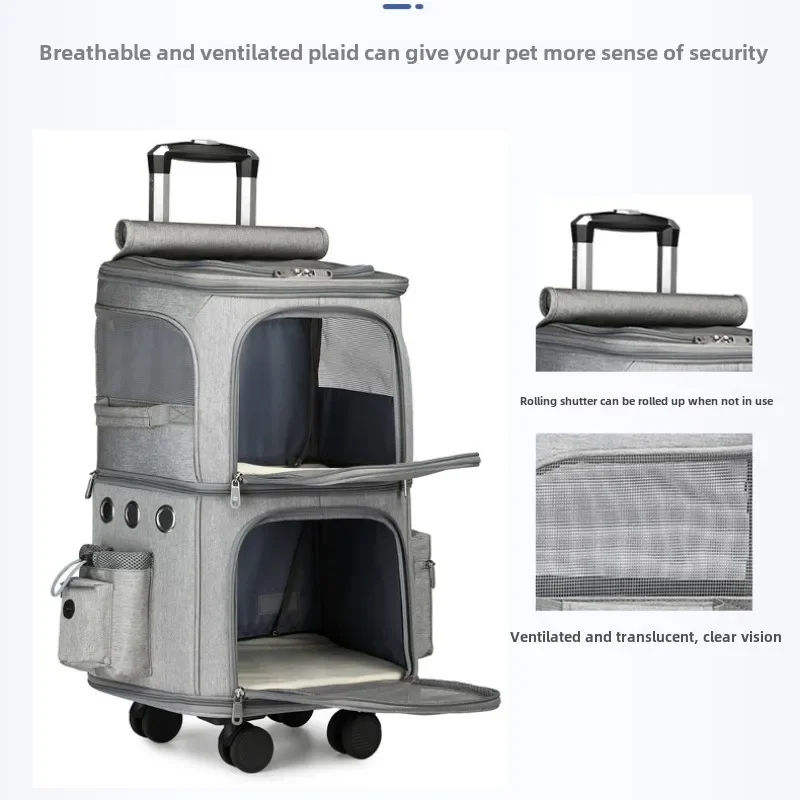 Dual-Layer Cat Carrier Large-Capacity Pet Rolling Bag Breathable Double-Shoulder Backpack with Built-In Leash and Pocket