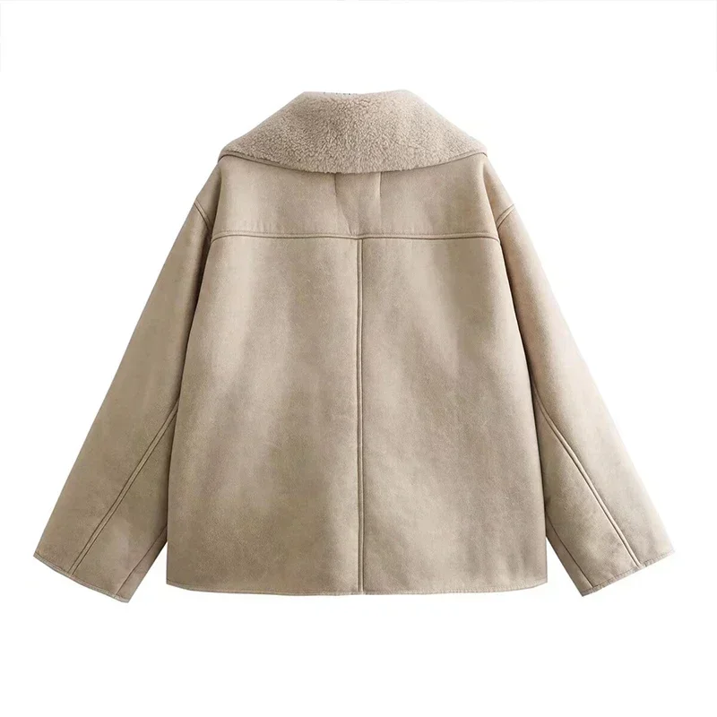Vintage Women's Leather Jacket Loose Thick Warm Lapel Single Breasted Long Sleeve Fleece Jacket Fall Winter Street Outwear