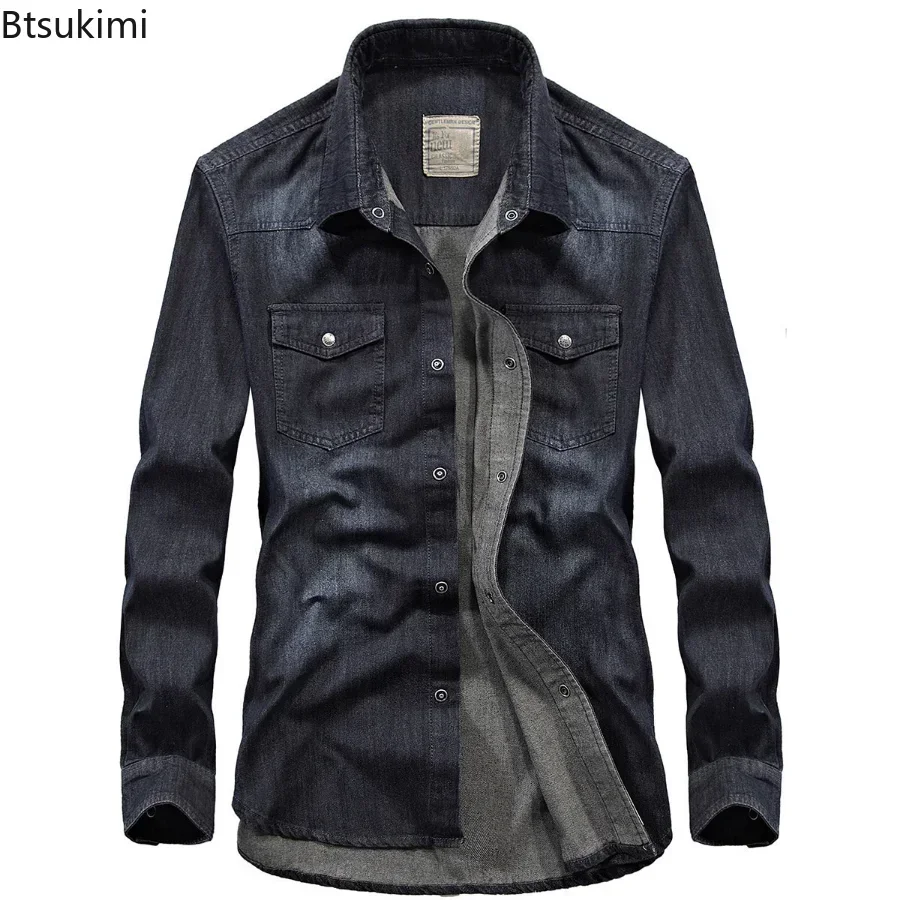 Men's Denim Jeans Shirt Long Sleeve 100% Cotton Casual Jean Shirt Top Male Shirts Plus Size 4XL denim shirt long sleeved shirt