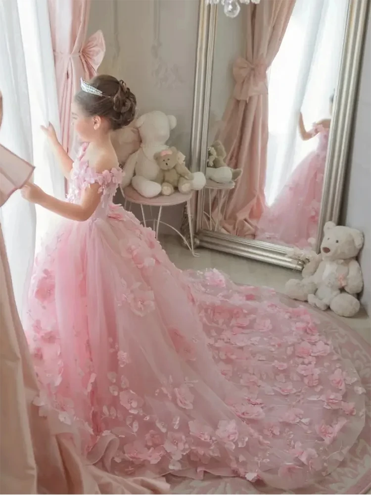 Flower Girl Dresses Pink 3d Applique Flower Girl Dress For Wedding Off Shoulder Luxurious Pearls Tulle Child First Eucharistic Birthday Party Dress