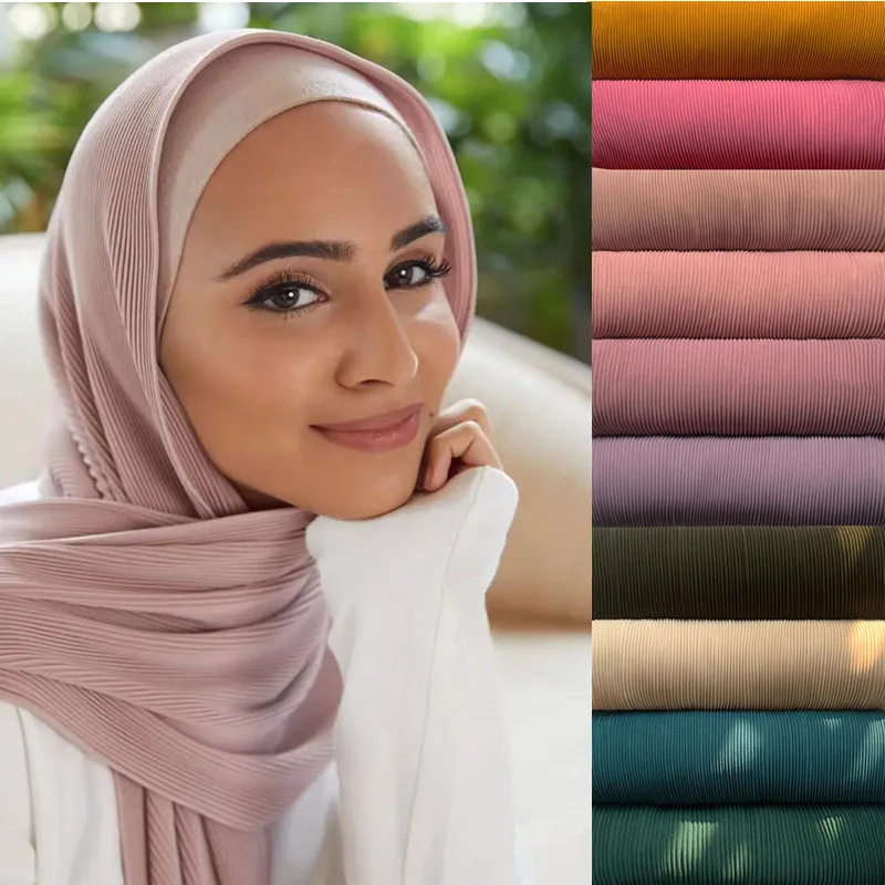 Hijab en mousseline de soie, micro écharpe froissée, mini plis, musulman  malaisien, fin, plissé, solide, gaufrage de documents musulmans - AliExpress