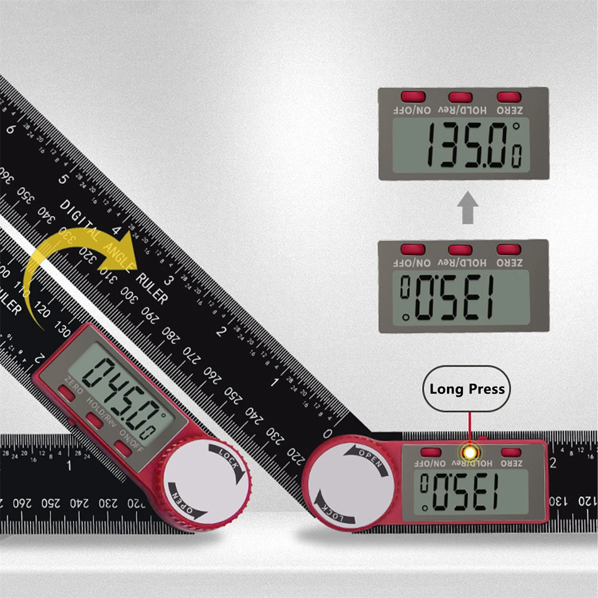 2-in-1 Digital Angle Ruler Large Screen Display Steel 0-360°(200mm) Protractor Precision Adjustable Angle Measurement Tools 1Pc 5
