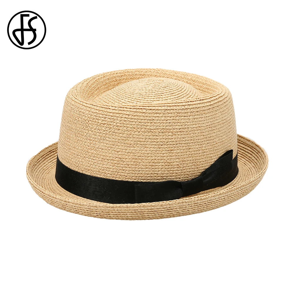 

FS Pork Pie Lafite Straw Hats For Women Men Cowboy Jazz Hat Gentleman Paname Cap 2024 Summer Sun Protection Solid Color Sombrero