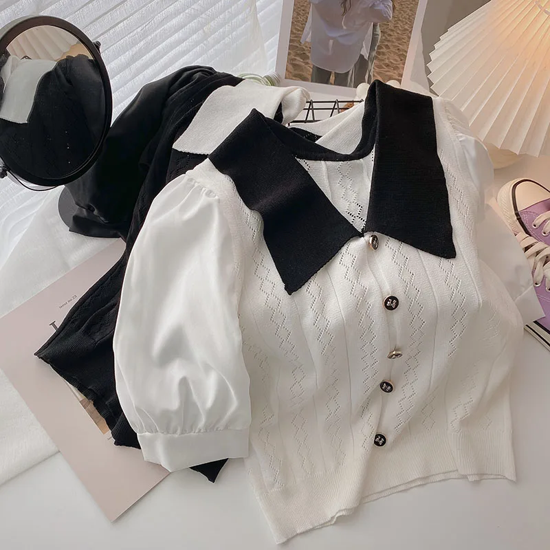 

Fashion Peter Pan Collar Spliced Hollow Out Button Oversized Shirt Summer New Casual Tops Loose Commute Solid Female Blouse
