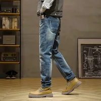 Pantalones vaqueros de estilo italiano a la moda para hombre, pantalones vaqueros rasgados ajustados elásticos de Retro Azul, pantalones vaqueros informales de diseñador Vintage para hombre 3