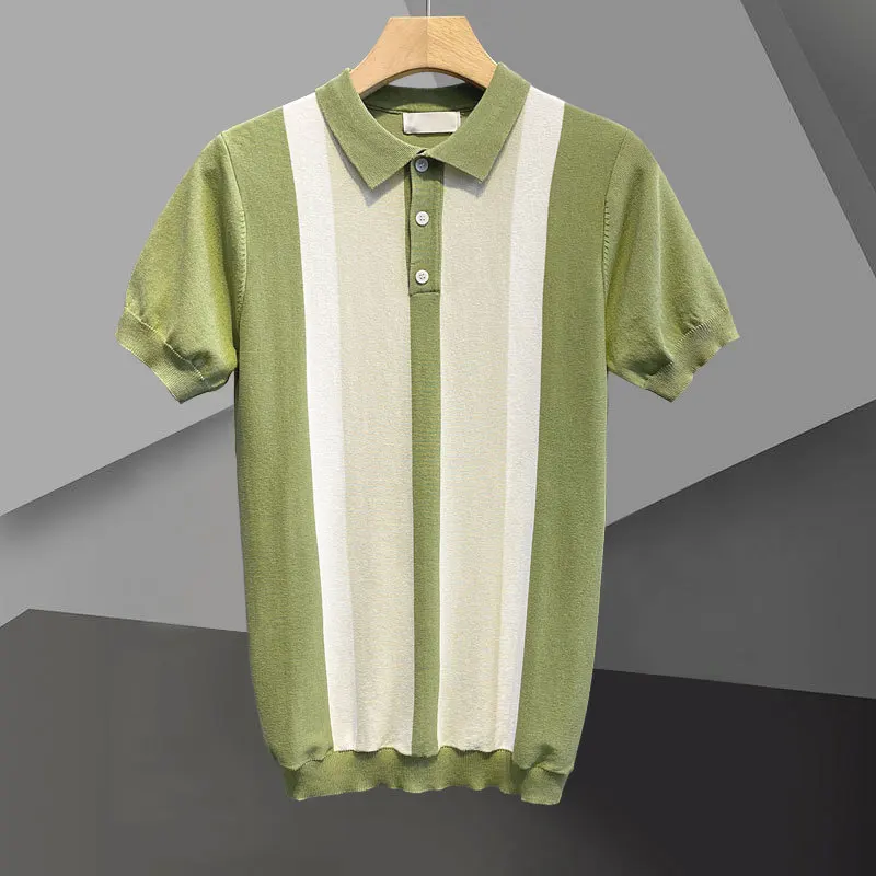

Ummer New Ice Silk Short Sleeve Men's Korean Popular Temperament Stripe Polo T-shirt Casual Vintage Knitted Polo Shirt Shirt