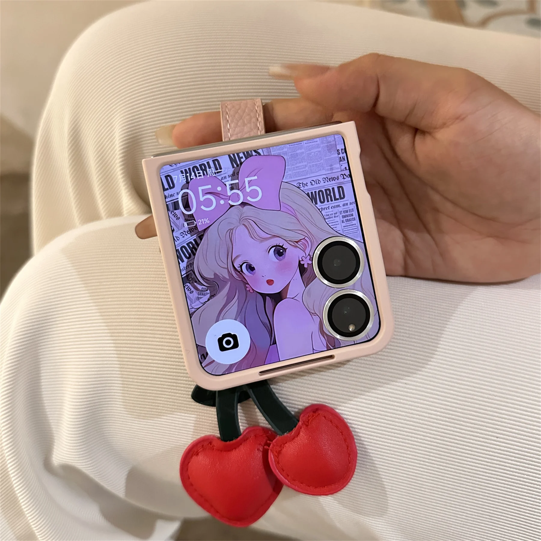 Chic Sweet Pink Case with Wristband and Cherry Pendant