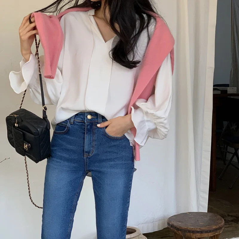

Женская шифоновая блузка в Корейском стиле, Офисная Повседневная Свободная Женская одежда, Осенние Новые однотонные топы, модная рубашка с V-образным вырезом, блузы 30324