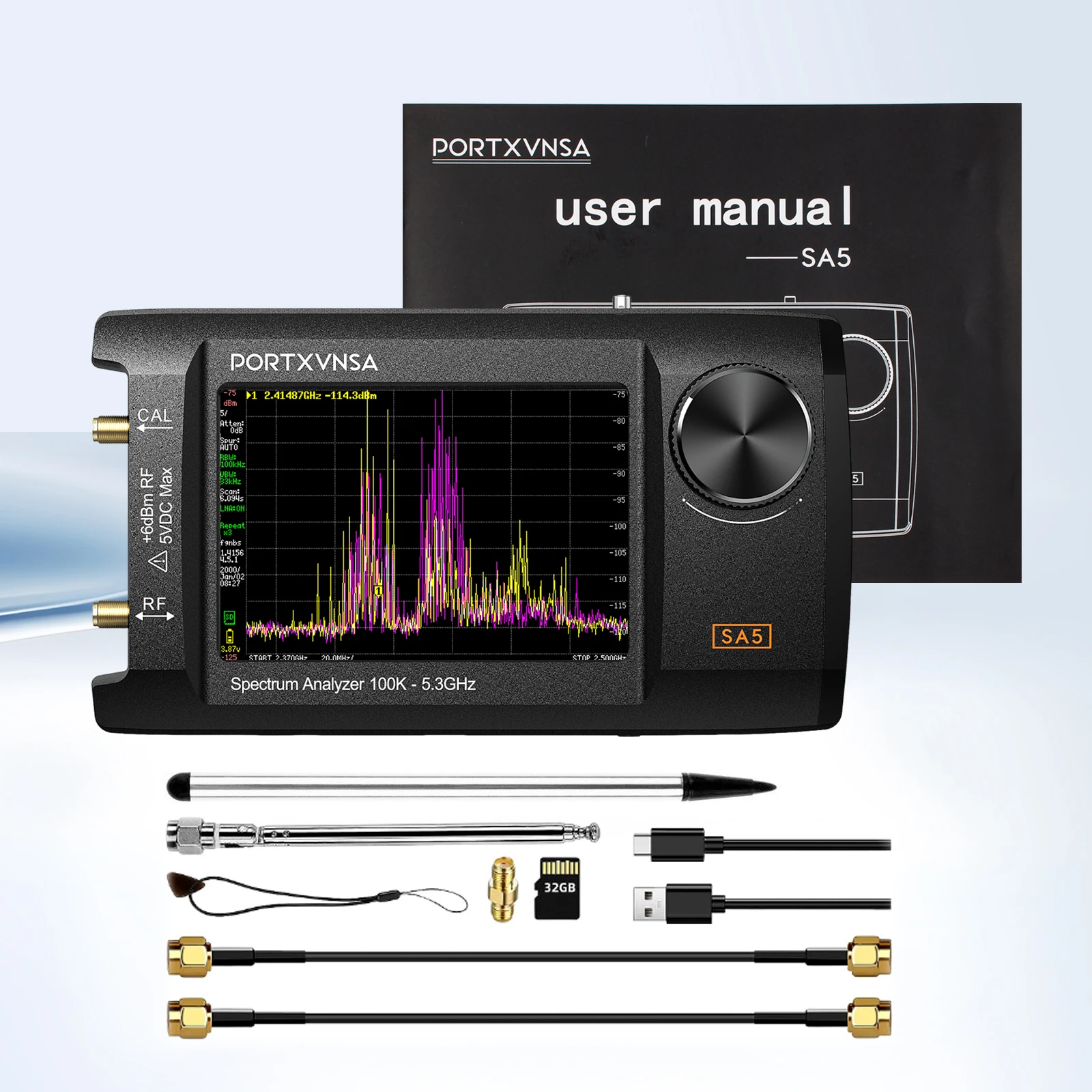 PORTXVNSA SA5 휴대용 스펙트럼 분석기 100KHz-5.3GHz 신호 발생기 4인치 IPS LCD RF 주파수 테스터 도구 내장 20dB