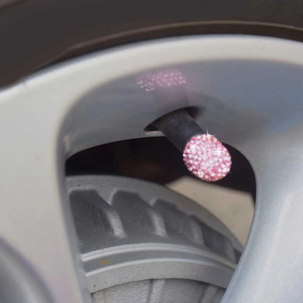 4pcs Clay + Rhinestone Car Tire Air Sealing Cap Anti-rust Dust-Proof Valve-Cap Pink Sparkling-rhinestones Valve Stem Cover