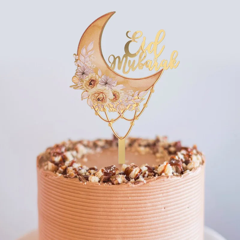 Eid Mubarak Acrylic Cake Topper Moon Flower Cake DIY Decoration 2025 Islamic Muslim Ramadan Party Supplies Eid Gift Baking Tools