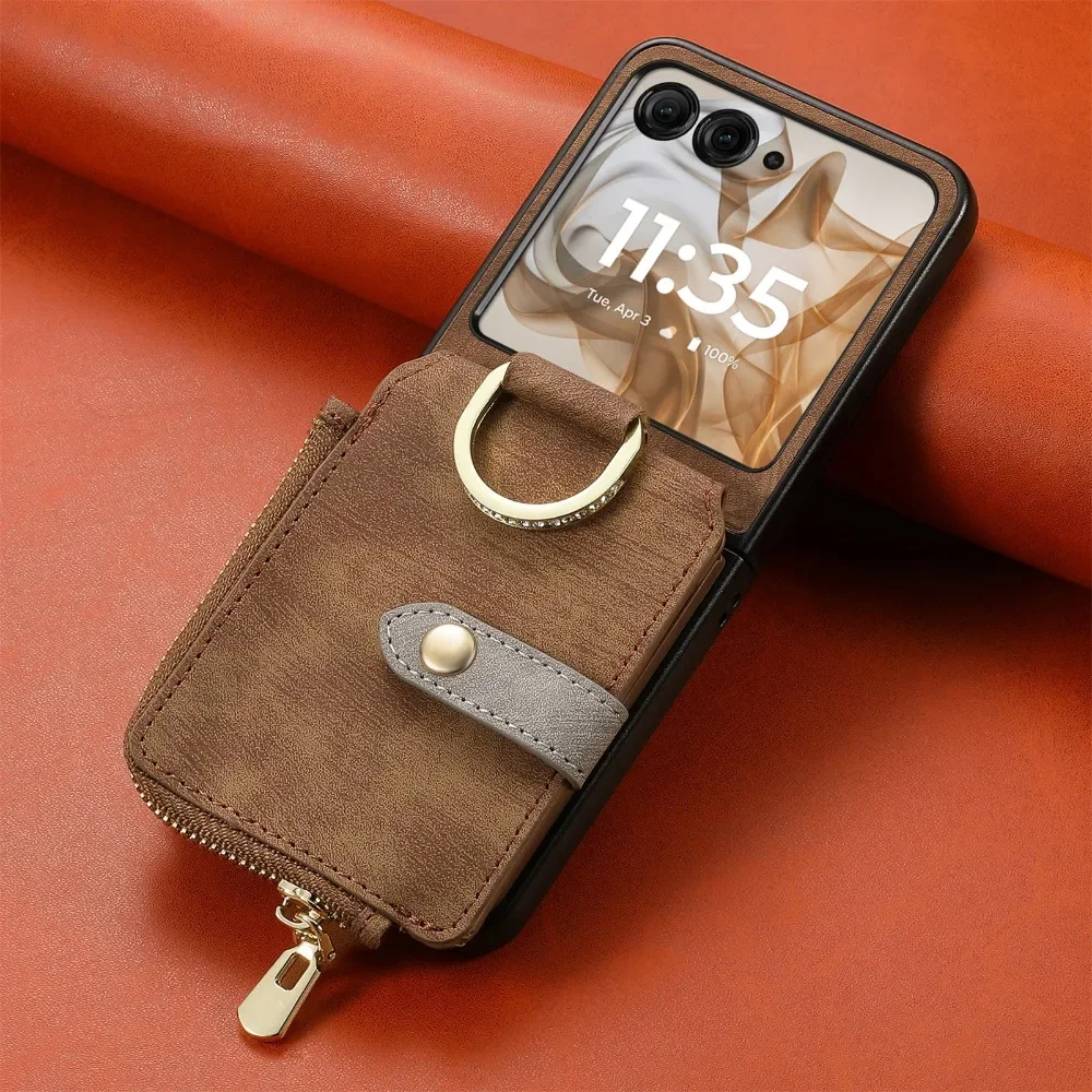 Premium PU Leather Phone Wallet with Card Holder & Ring - Shockproof Protection