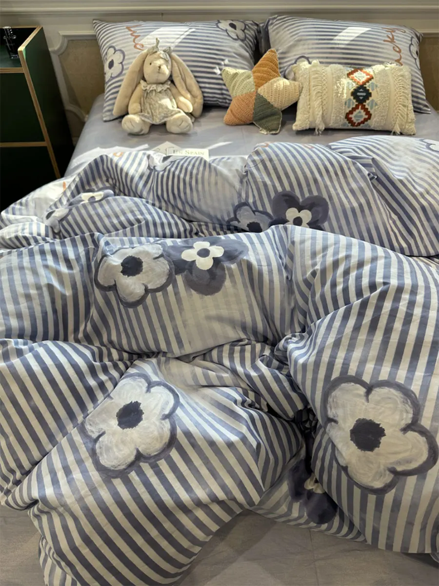 

Fashion blue flower stripes bedding set teen,twin full queen classic cotton home textile bed sheet pillow case quilt cover