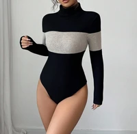 Women's High-Neck Patchwork Long Sleeve Fitted Bodycon Colorblock Fall/Winter Base Layer Skirt Dress - Image 3
