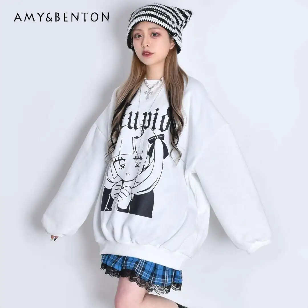 

Japanese Harajuku Wings Printing Thickened Round Neck Y2K Hoodies Women Winter New Mine Goth Fashion Casual Student Sweatshirt