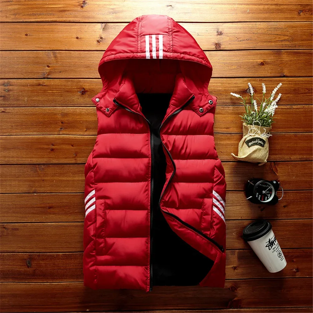 Men Vest Simple Solid Thermal Sleeveless Jacket Hat Detachable Fashion Stripe Coats Windproof Thicken Unloading Waistcoat
