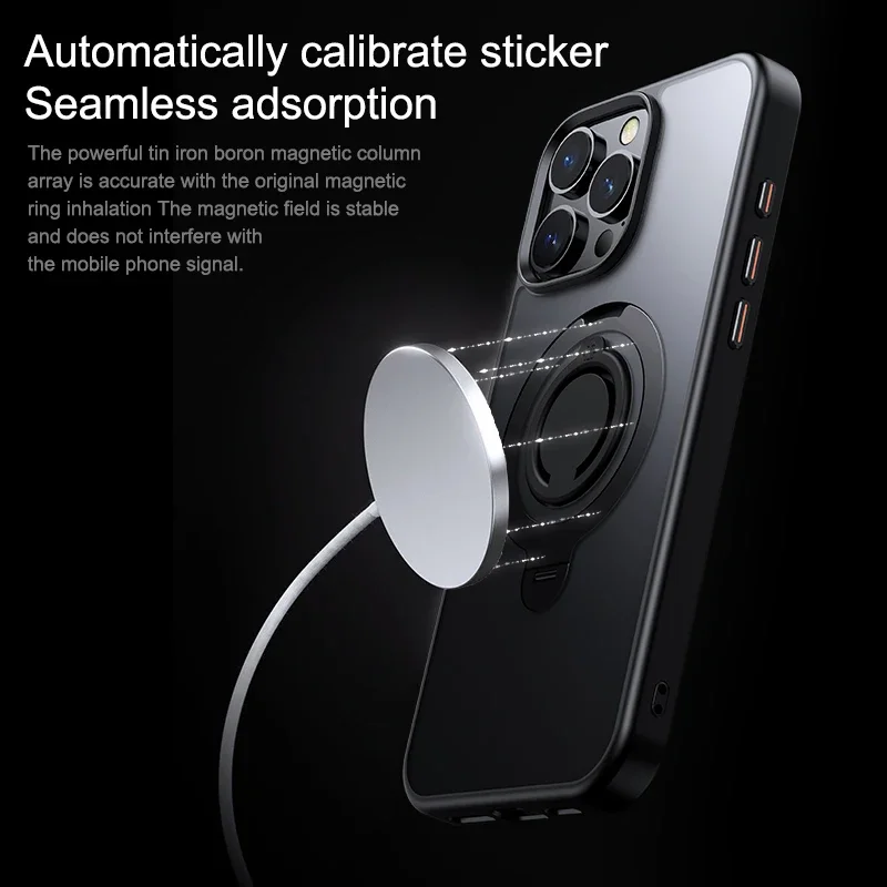 Luxury Magnetic Phone Case with Ring Stand and Lens Protection - Magsafe Compatible, Frosted Matte Finish