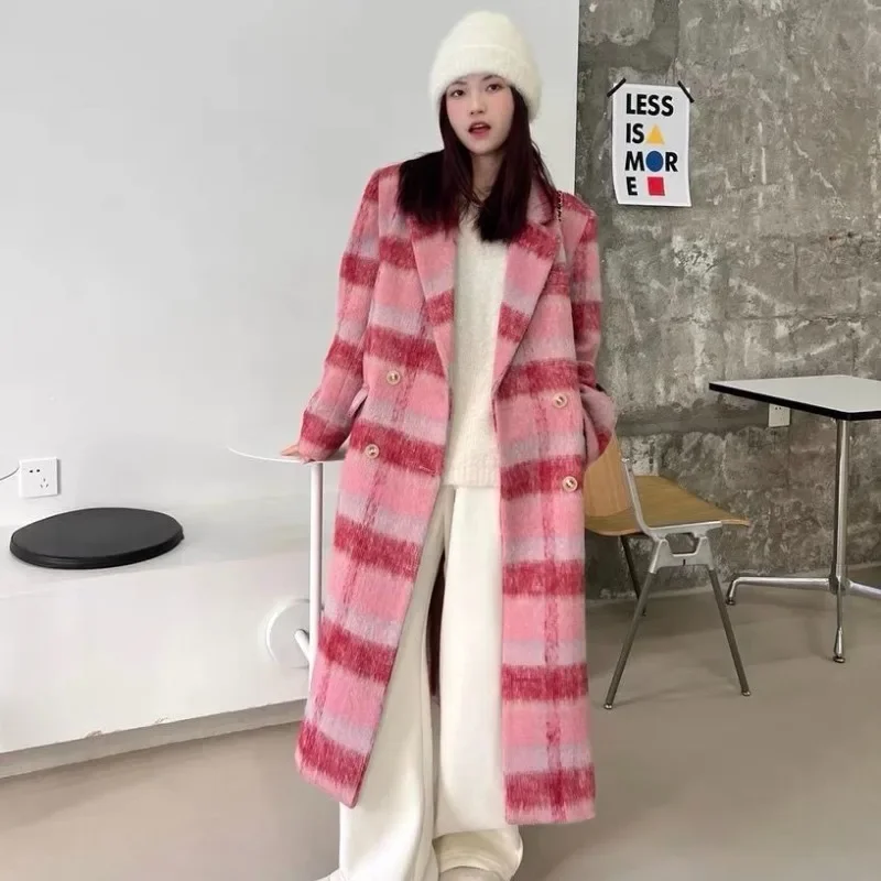Women Temperament Fashion Woolen Coat Winter New Female Korean Style Loose Thicken Long Plaid Outcoat High-Grade Casual Outwear