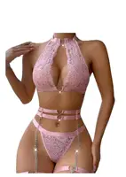 Ensemble de lingerie sexy push-up en dentelle avec porte-jarretelles et collier ras-du-cou, soutien-gorge à armatures et string pour femme 1