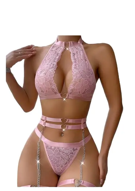 Ensemble de lingerie sexy push-up en dentelle avec porte-jarretelles et collier ras-du-cou, soutien-gorge à armatures et string pour femme 1
