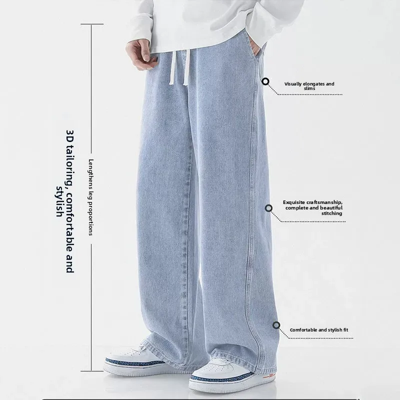 Retro Light Blue Men's Casual Wide Leg Jeans Vintage American High Street Sle Loose Straight Cut Denim Trousers for Teens