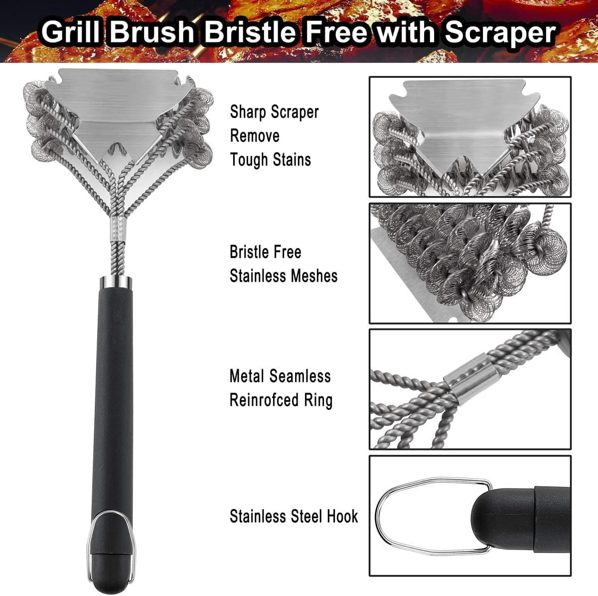 Stainless Steel Bristle-Free Grill Cleaning Brush with Extra Wide Scraper-Ideal BBQ Accessories Gift Safe for Grills barbecue cleaning tools grill brush