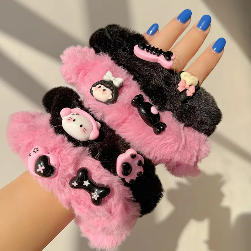 

Cartoon Sanrios Hello Kitty Hair Accessories Kawaii Girls Plush Hair Loop Anime Children Hair Tie Cute Bow Knothair Ring Gift