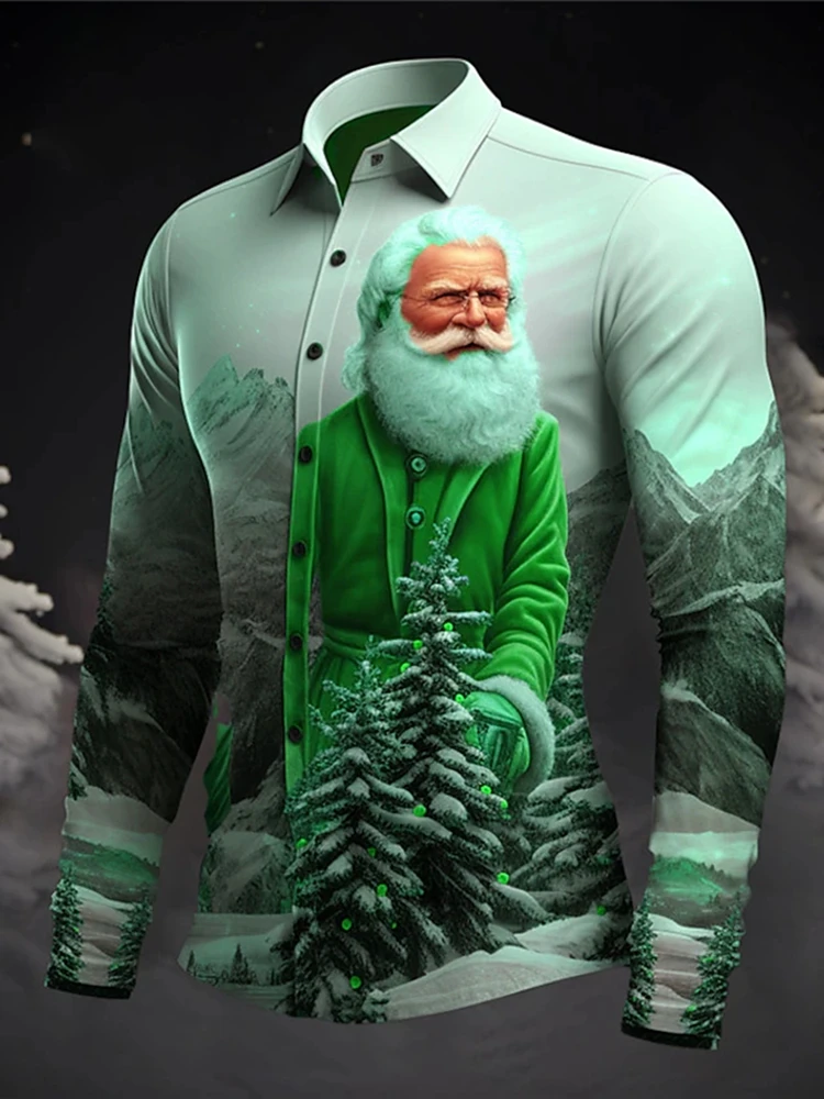 thumbnail image 1 of Camisa cómoda de manga larga con estampado de Papá Noel para uso diario, para salir, otoño e invierno, informal, para hombre, 1 of 5