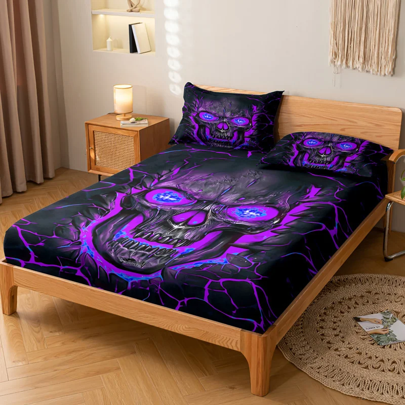 Purple Light Skull Pattern Fitted Sheet Set-Soft And Comfortable Bedding Cover Set For Bedroom Guest Room And Dorm Decor 5