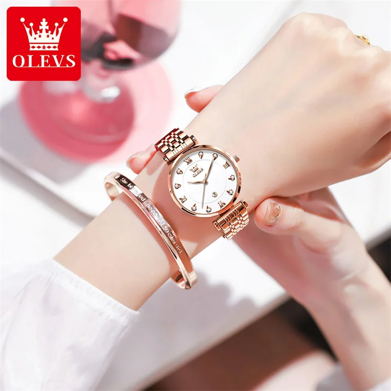 OLEVS Luxury Diamond Quartz Watch for Women Rose Gold Stainless Steel Strap Waterproof Fashion Women's Watches Relogio Feminino