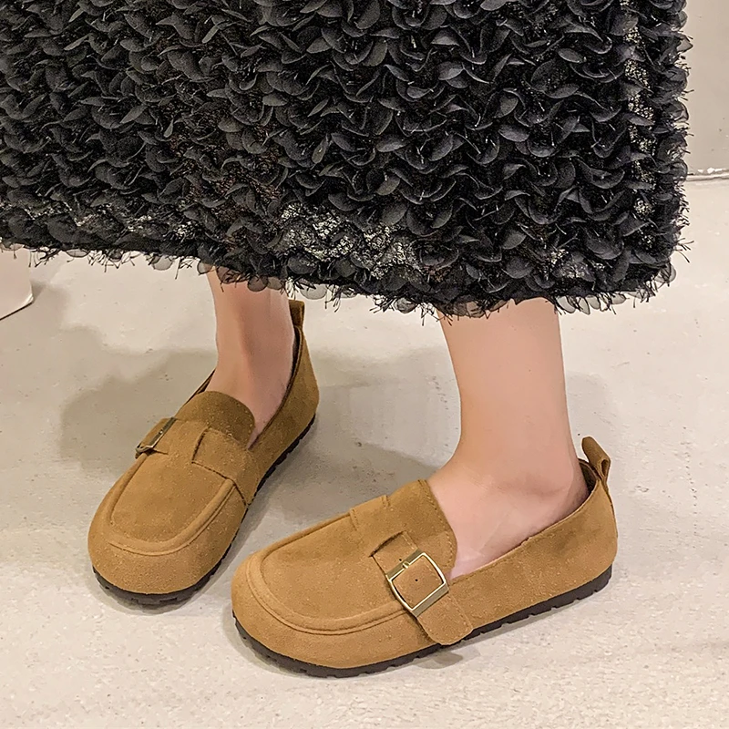 Aphixta Khaki Classic Flats Shoes Women Cotton Fabric Buckle Loafers Shoes Slip On Woman Flat With Student Footwear