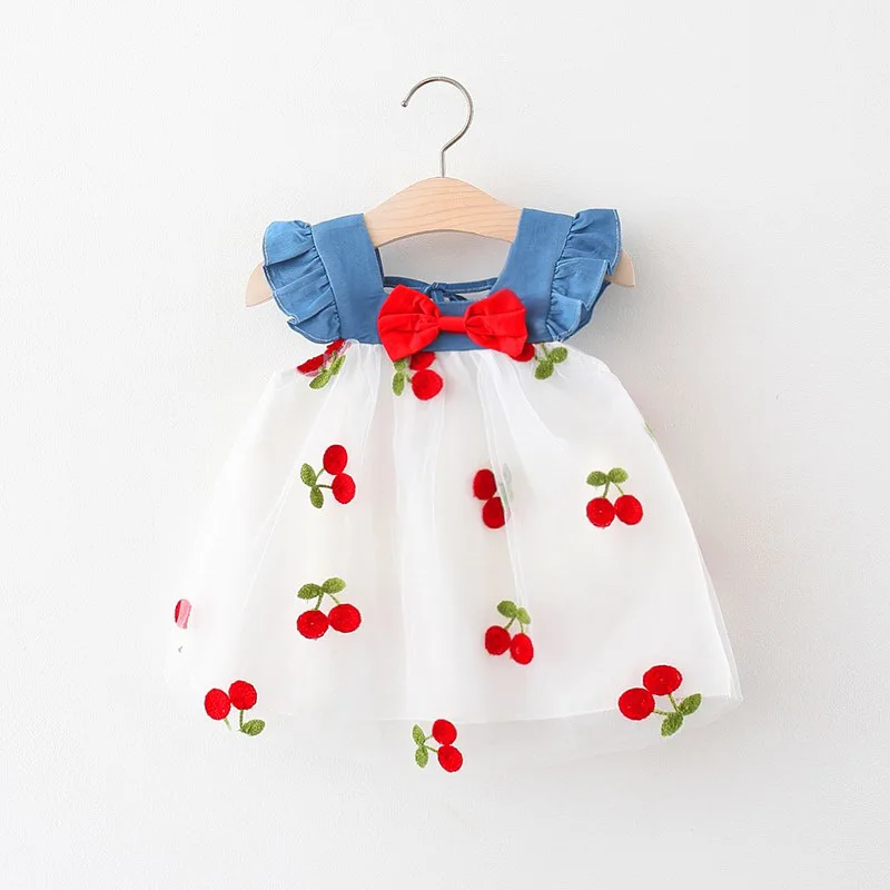Girls Dress Summer Girls Dress Cute And Sweet Denim Mesh Strawberry Embroidered Princess Dress Party