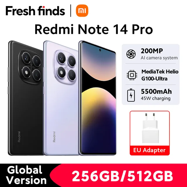 Xiaomi-Version mondiale Redmi Note 14 Pro Smartphone 4G, Appareil photo AI 200MP, MediaTek Helio, G100-Ultra 6.67 ", 5500mAh, Première mondiale 1