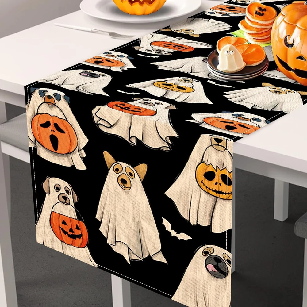 Description Picture 5 of itemGhost Dog Table Runner Halloween Spooky Pumpkin Dog Table Runner Jack O Lantern Pumpkin Bat Tablecloth Halloween Decorations  ﻿