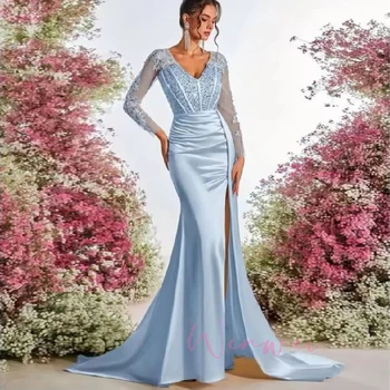 Customized Blue Party Dresses Sequins  Flowers Embroidery Side Slit Long Sleeves Prom Dress Long Sleeves robes de soirée