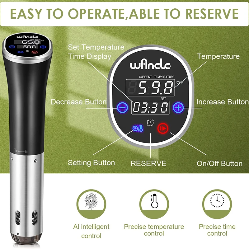 Wancle Vacuum Sous Vide Cooker IPX7 Waterproof Heater Immersion Circulator Slow Cooker with Digital Display Reservation Function