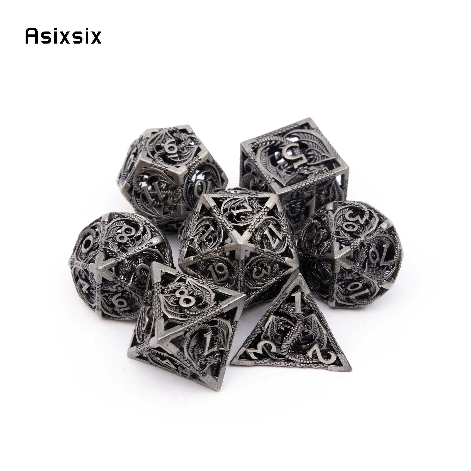 7개의 블랙 드래곤 금속 주사위 세트, 롤플레잉 RPG 보드 게임 선물용으로 적합한 드래곤 모양의 속이 빈 금속 다면체 주사위