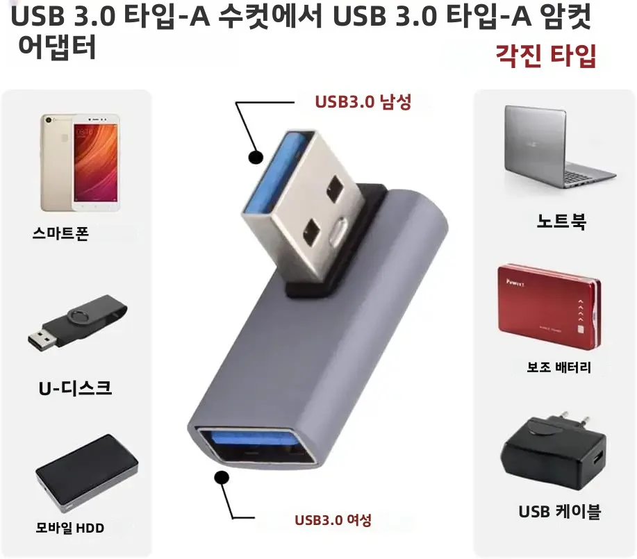 USB 3.0 직각 어댑터, USB A 남성-여성 중간 굽힘 연장 어댑터, 노트북, PC용 10Gbps 고속 데이터 전송