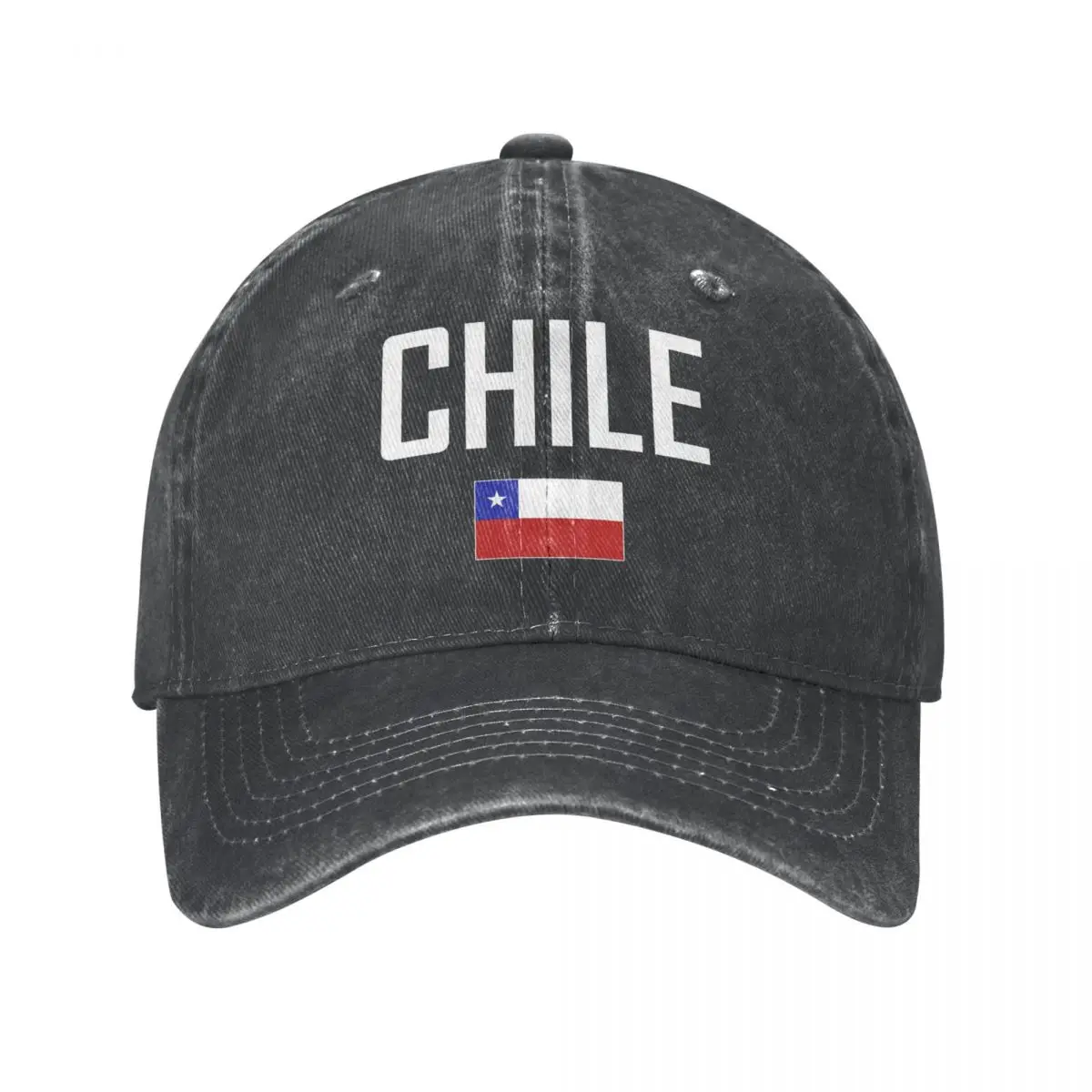 

Men Baseball Cap CHILE Flag And Font Charcoal Washed Denim Classic Vintage Cotton Dad Trucker Hat Unisex Adult