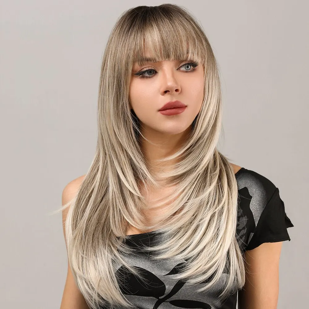 Women Synthetic Hair Wigs Long Blonde Bangs Dark Root Layered for Daily Use Fashion Ladies