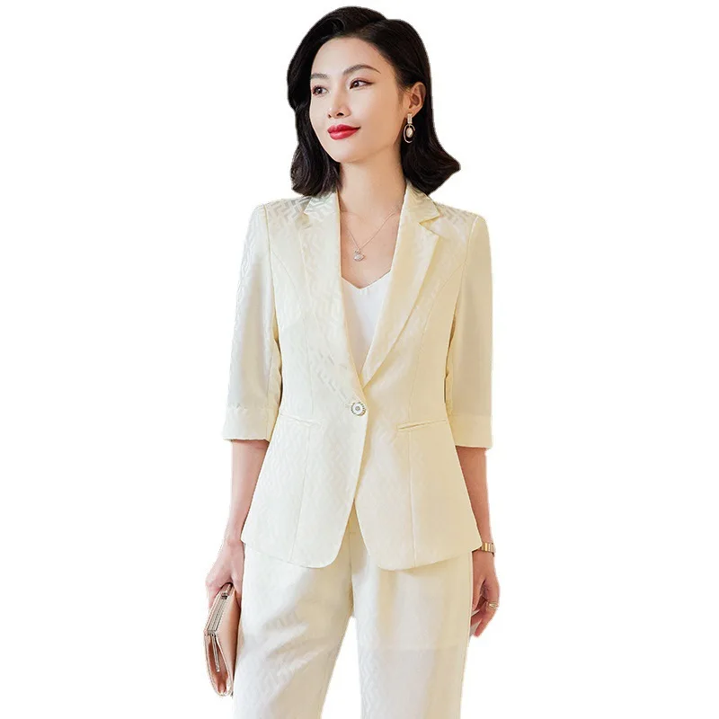 

Formal Women Business Suits Spring Summer Three Quarter Pantsuits Professional OL Styles Career Work Wear Trousers Set Blazers