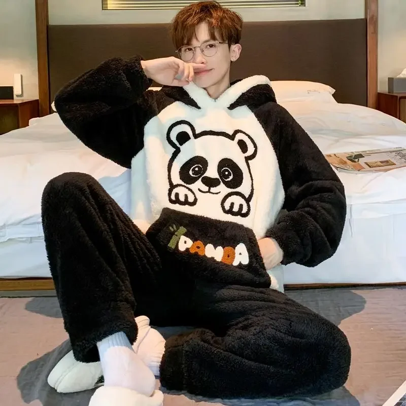 Youth Sleep Clothes Suit Coral Plush Nightwear Large Size Pajamas Men Autumn Winter Flannel Thick Younger Male Cute Homewear Set