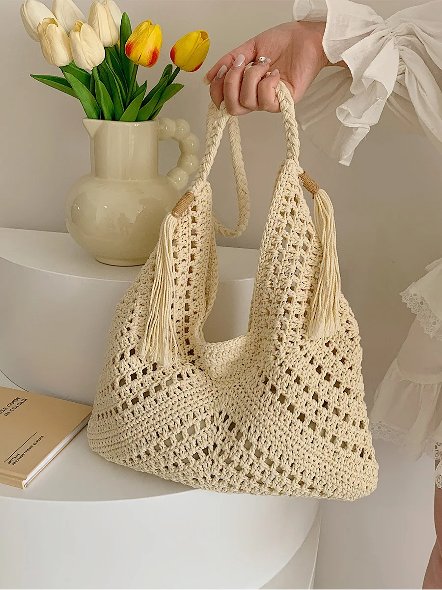 Luxury Design Woven Tote Bags Summer Casual Large Capacity Handbag Fashion Hollow Beach Drawstring Shoulder Top-handle Bag Purse