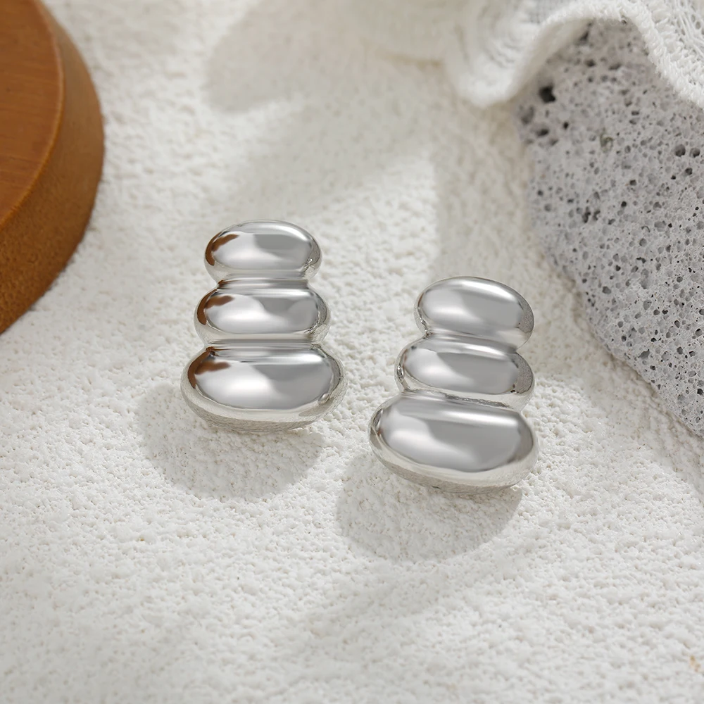 New Chunky Ripple Geometric Ear Studs Stainless Steel Three Layers Dome PVD Waterproof Statement Earrings Vintage Jewelry Bijoux
