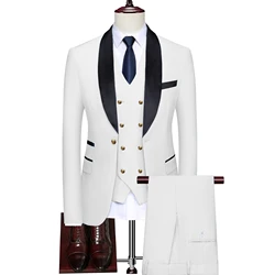 3 Pcs Suit Set Blazers Jacket Vest Pants / Men Casual Business Big Black Lapel Groom Wedding Presided Over Formal Dress Coat