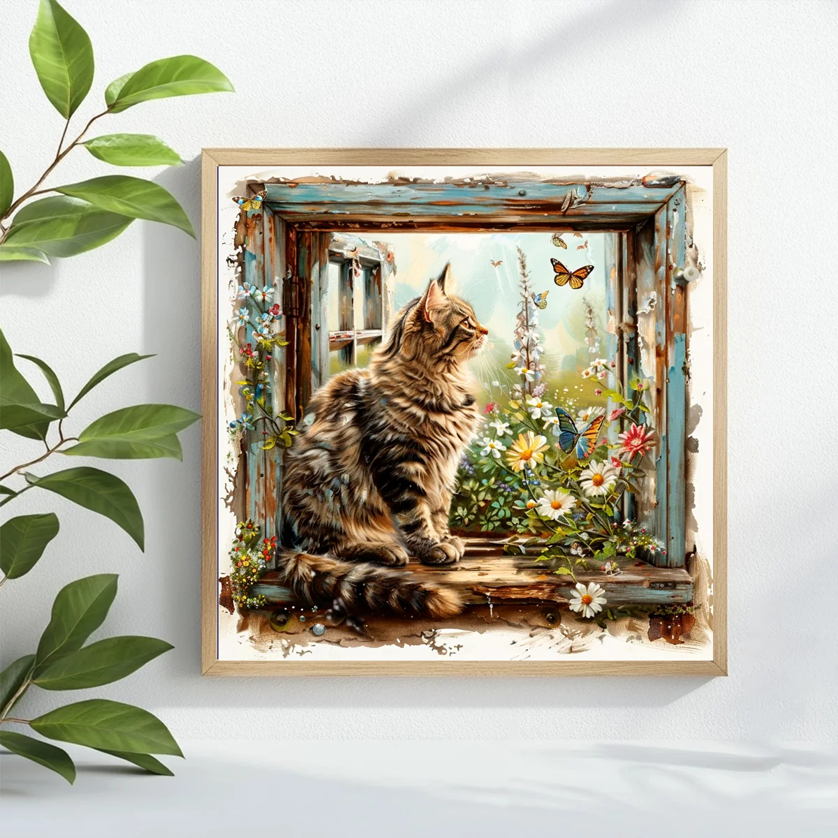 Die Katze im Fenster 40X40CM/15,74 Zoll Kreuzstich-Set DIY 11CT/14CT Stickerei zum Aufhängen Kunst und Handwerk mit Nadeln