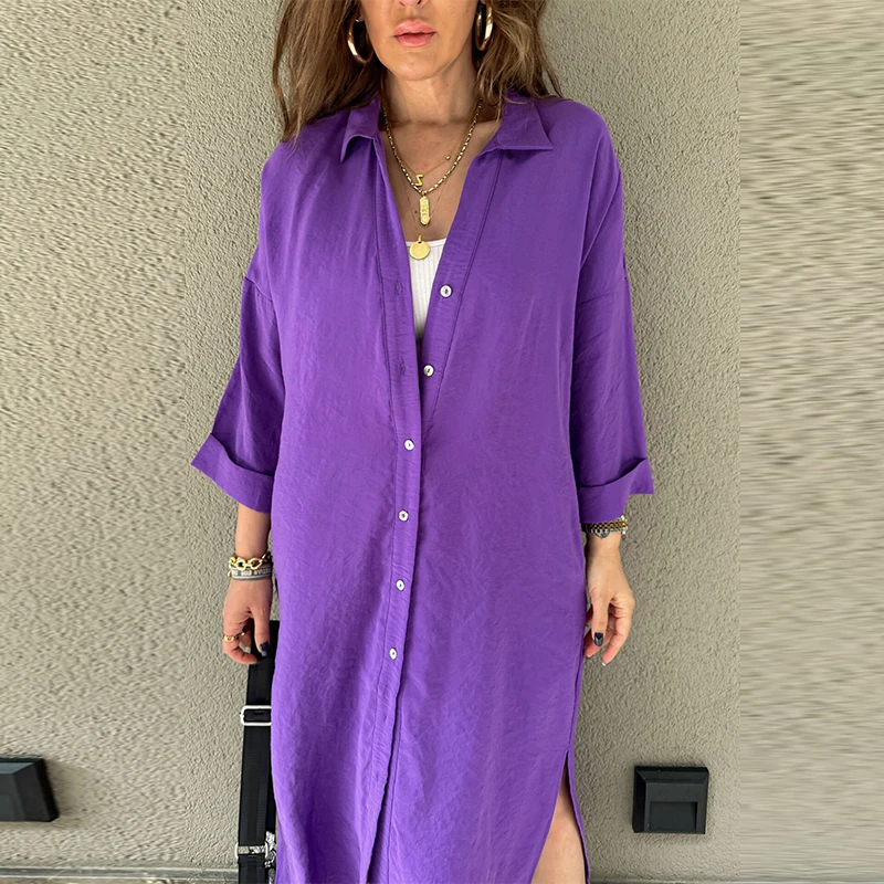 

Women Casual Lapel Solid Color Maxi Dress Fashion Simple Long Sleeve Pocket Office Dress Autumn Single Breasted Side Split Dress