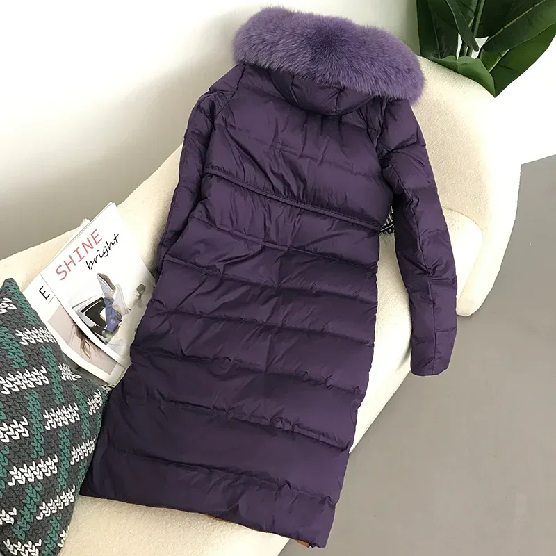 2023 New X-Long Jacket Real Raccoon Fox Fur Collar Hooded Winter Women White Duck Down Female Thick Warm Coat Luxury Outerwear