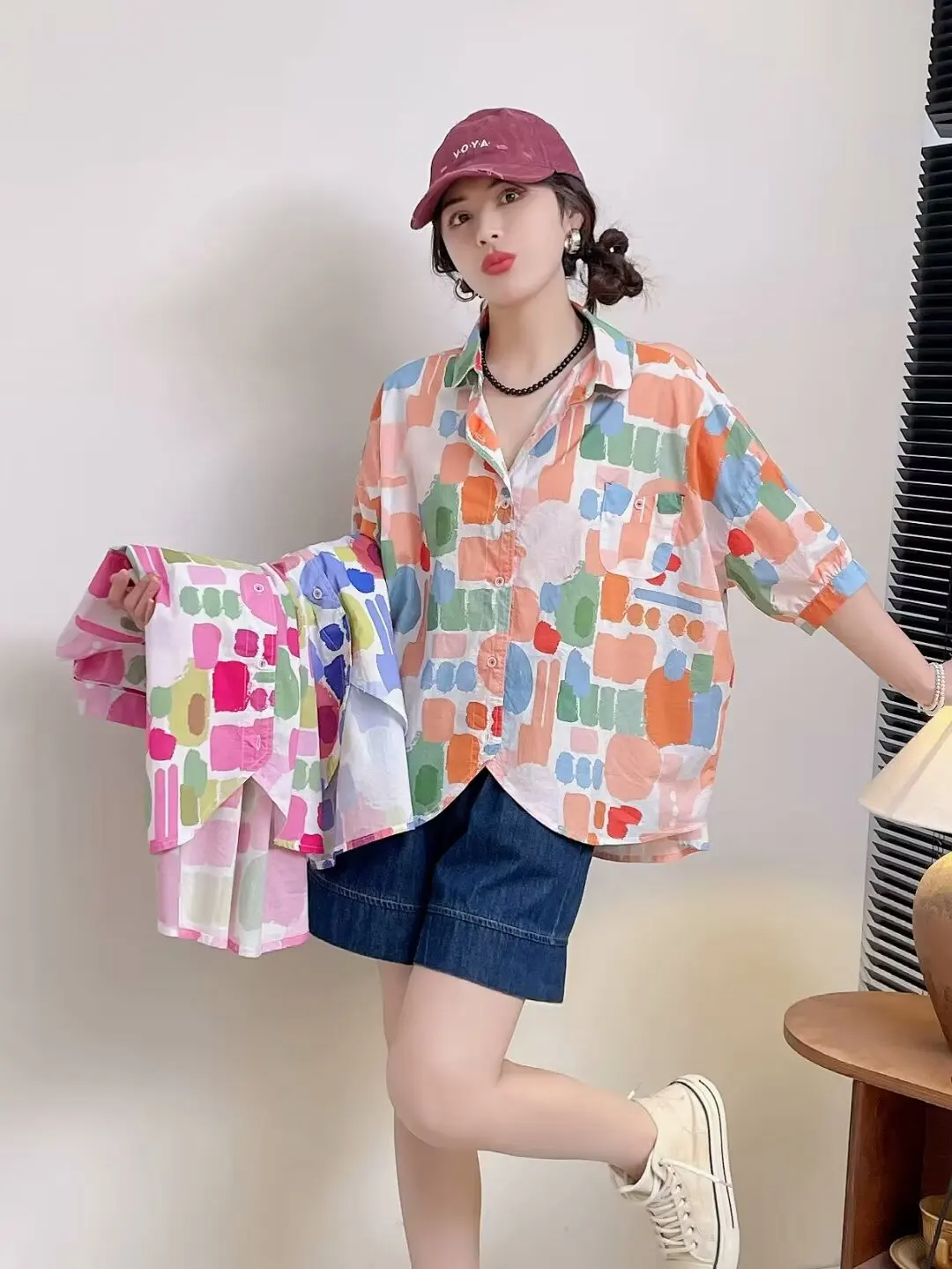 

Женская одежда больших размеров, женская летняя рубашка, модные хлопковые рубашки и блузки с геометрическим узором в стиле Харадзюку для полных женщин